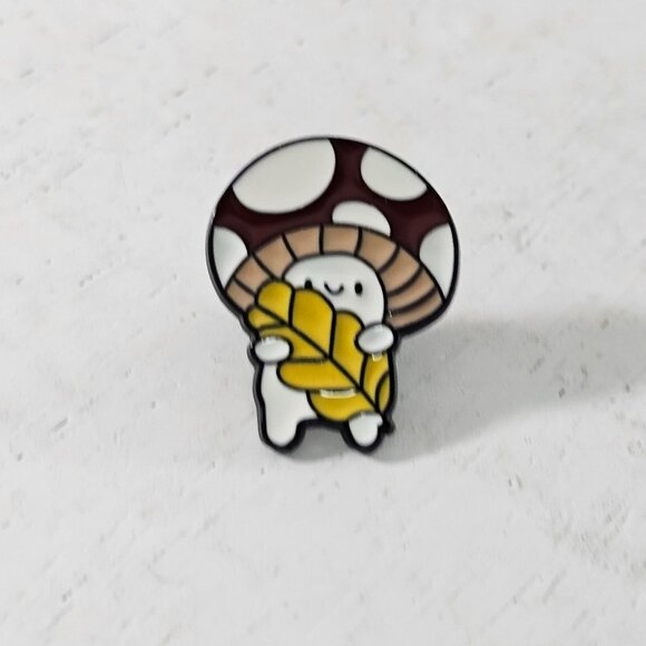 Mushroom Character Enamel Pin Holding Leaf Quirky Fantasy Woodland Creature - Picture 8 of 8